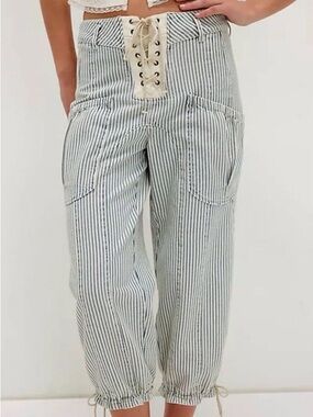 We The Free Free People Blue and Cream Striped Lace-Up Cropped Pants size 29